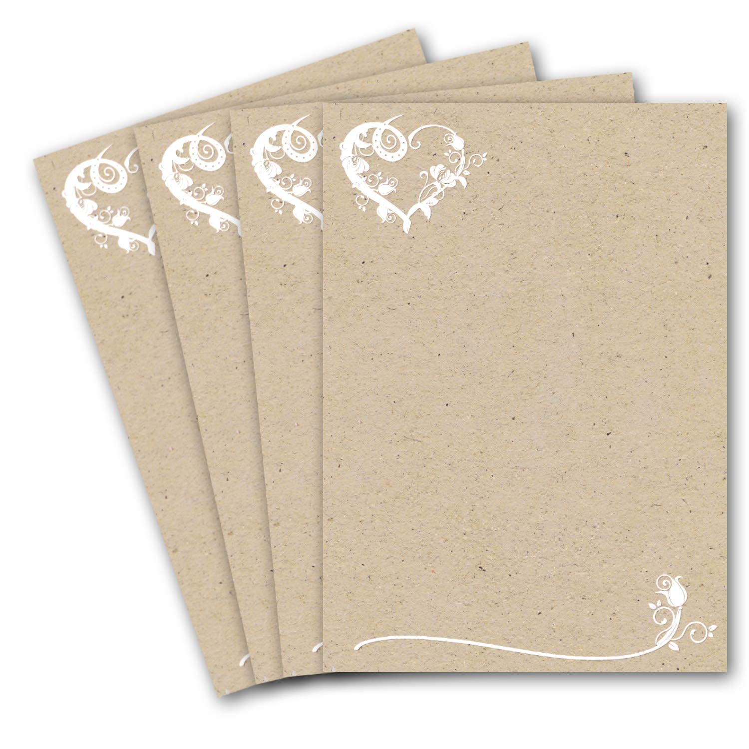 25 Letter Sheets DIN A4 – Writing Paper in Kraft Paper Look with Floral Heart Ornament – Letter Paper Printable for Writing Yourself Ideal for Wedding and Birthday Invitations