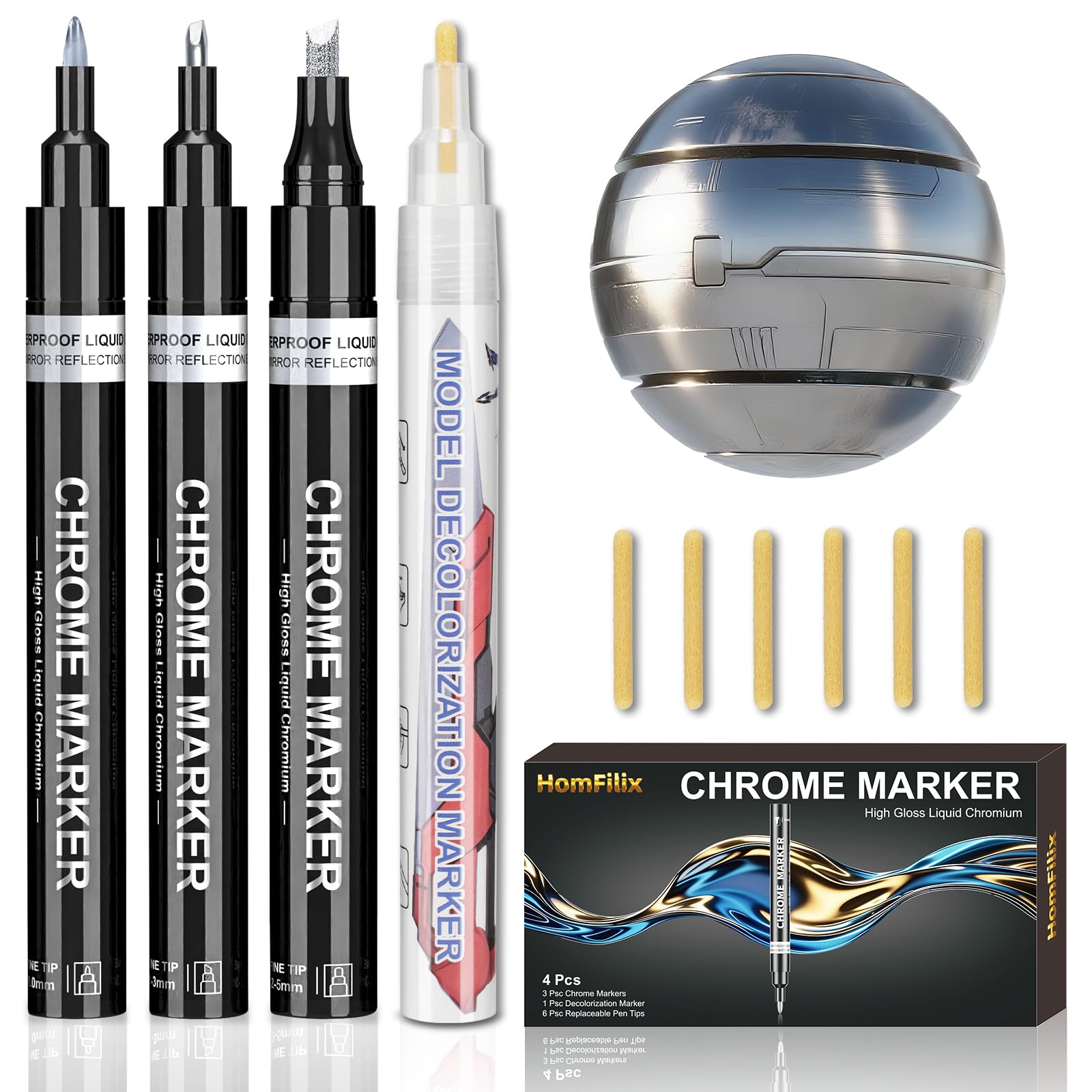 Photo 1 of 10-in-1 Liquid Chrome Marker - Chrome Paint Pen with Permanent Mirror Effects for Painting, DIY Projects and Touch-up Paint, Includes 3 Silver Paint Pens (1mm, 3mm, 5mm), 1 Correction Pen, 6 Tips