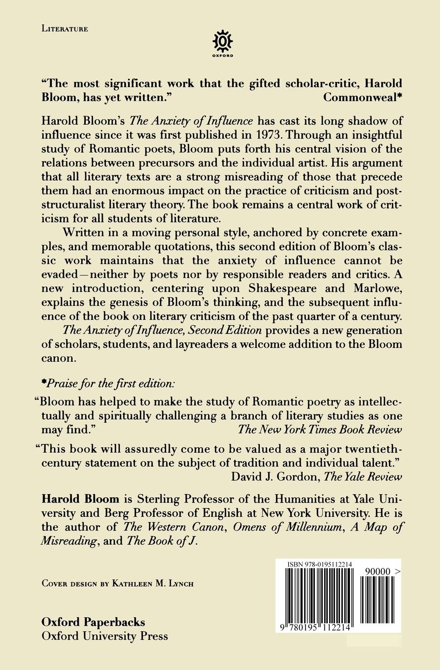 Amazon Com The Anxiety Of Influence A Theory Of Poetry 9780195112214 Bloom Harold Books