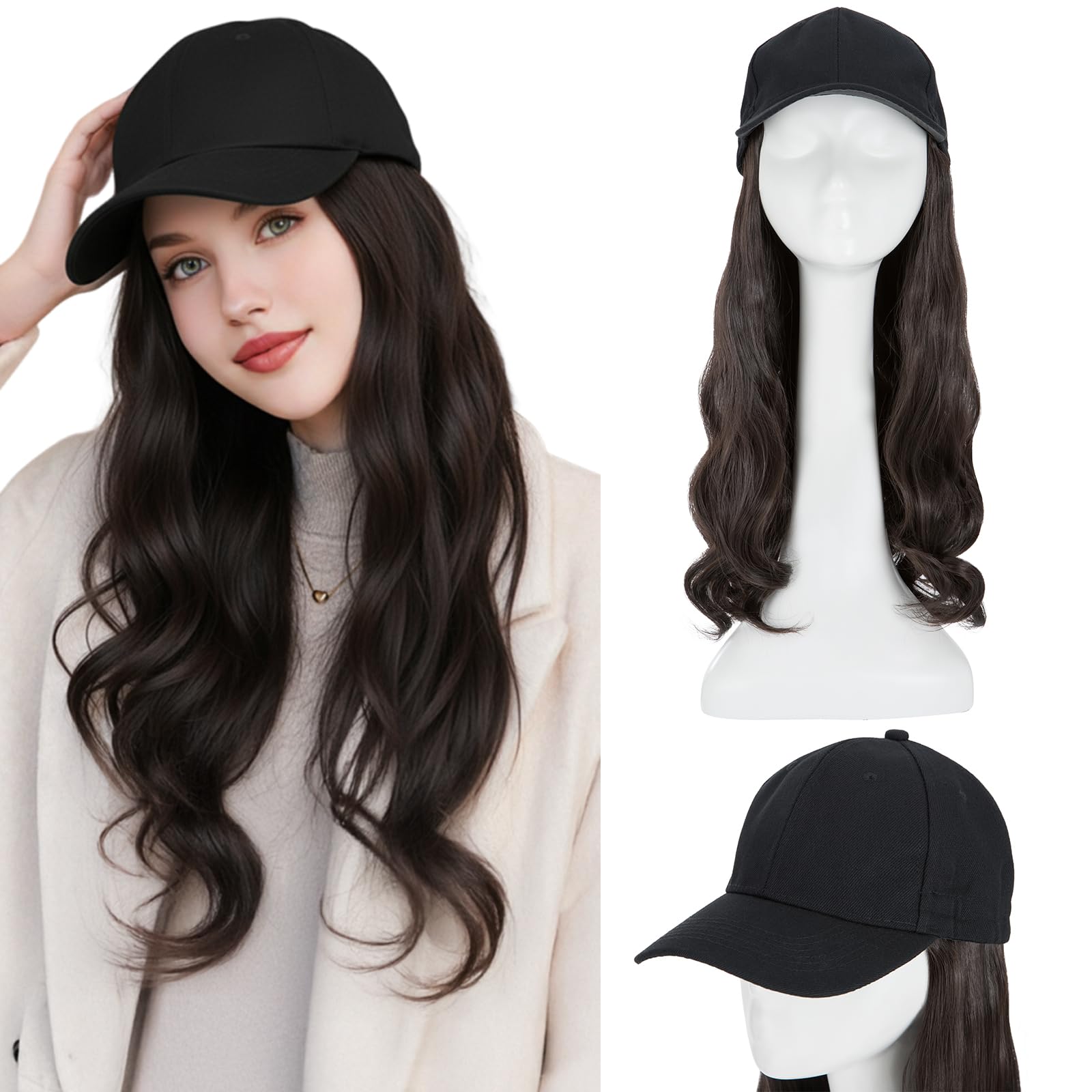 Hat With Hair Attached 16inch Wigs Attached Baseball Cap Curly Brown Hairpiece Black Hat Hair Extensions Synthetic โ image 1