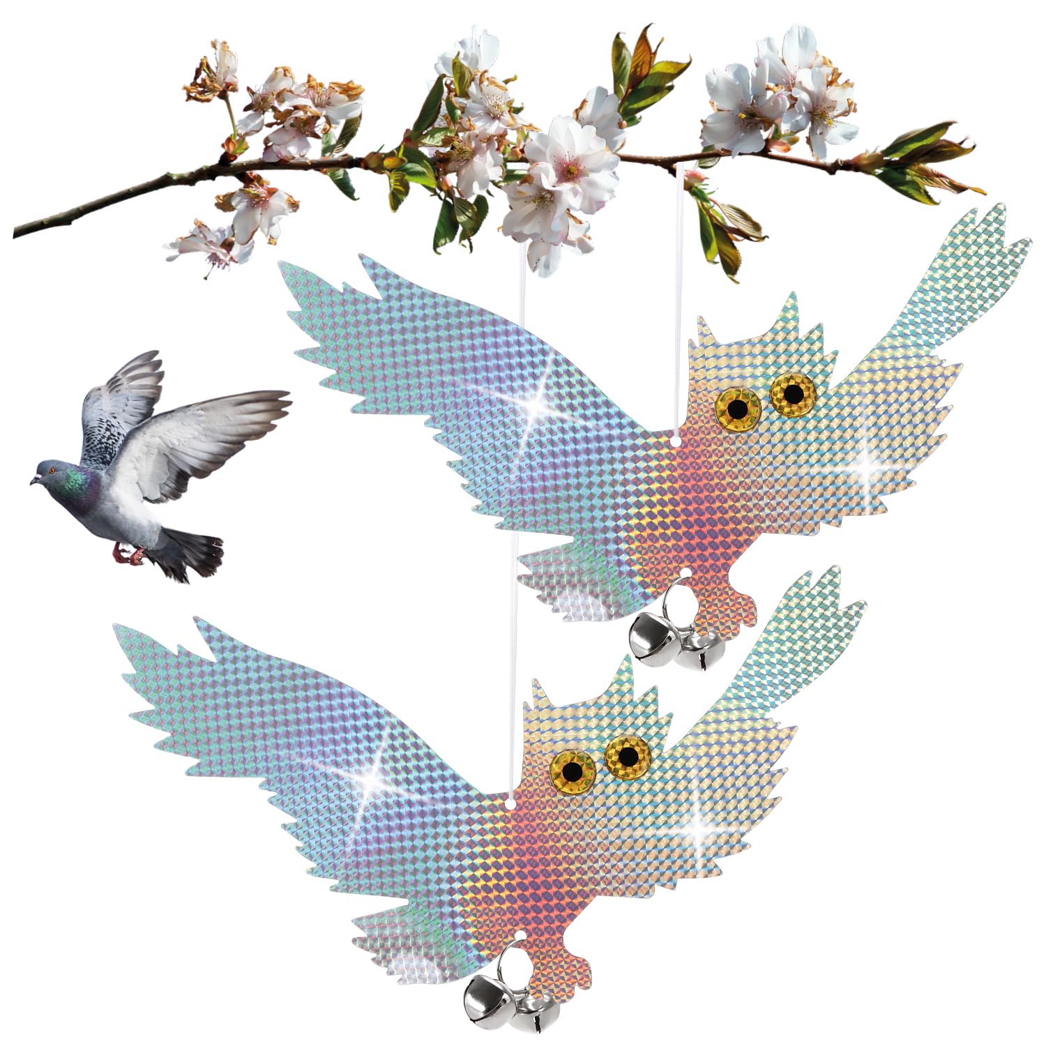 COM-FOUR® 2x dummy owl - animal-friendly bird deterrent - artificial bird of prey to hang up - flying owl with bell and reflective foil (02 pieces - Owl V2)