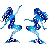 Manortang Metal Mermaid Wall Art Indoor Decor, 15 Inch Rustproof Color Printing Craft Hanging Mermaid Outdoor Wall Decoration, Blue Valentine Handmade Article for Room Patio Swimming Pool Bathroom