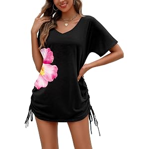 AI'MAGE Swimsuit Coverup Short Sleeve Bathing Suit Cover Up Swim Cover Up | T-Shirt Cover Up, Side Drawstring, V Neck, Casual