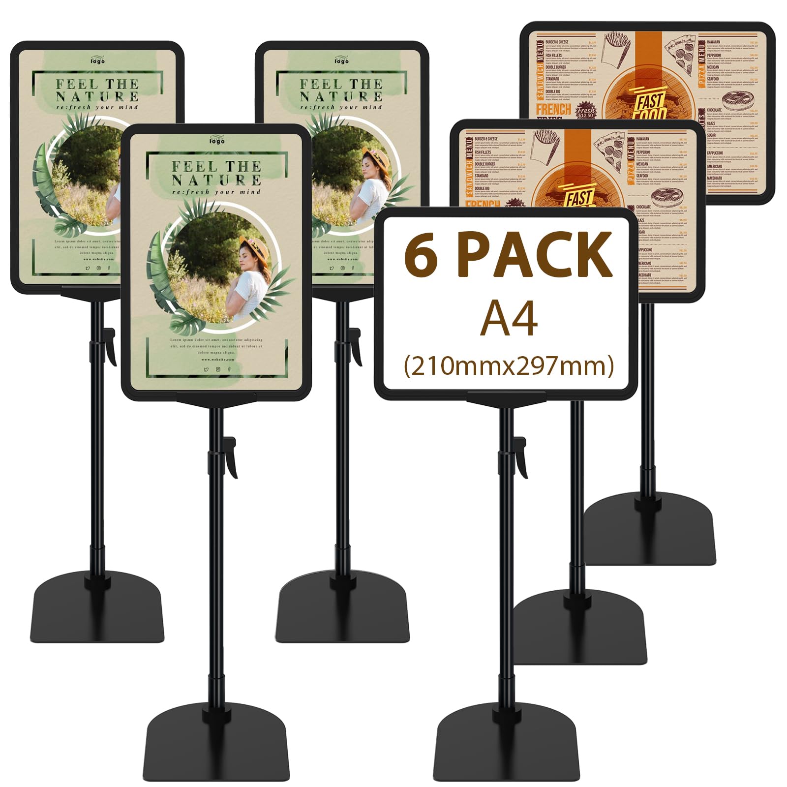 Newzealkids 6 Pack Adjustable A4 Poster Stand, Reusable Sign Holder for Advertising Business Menu, Display Holder for Vertical & Horizontal View, Black