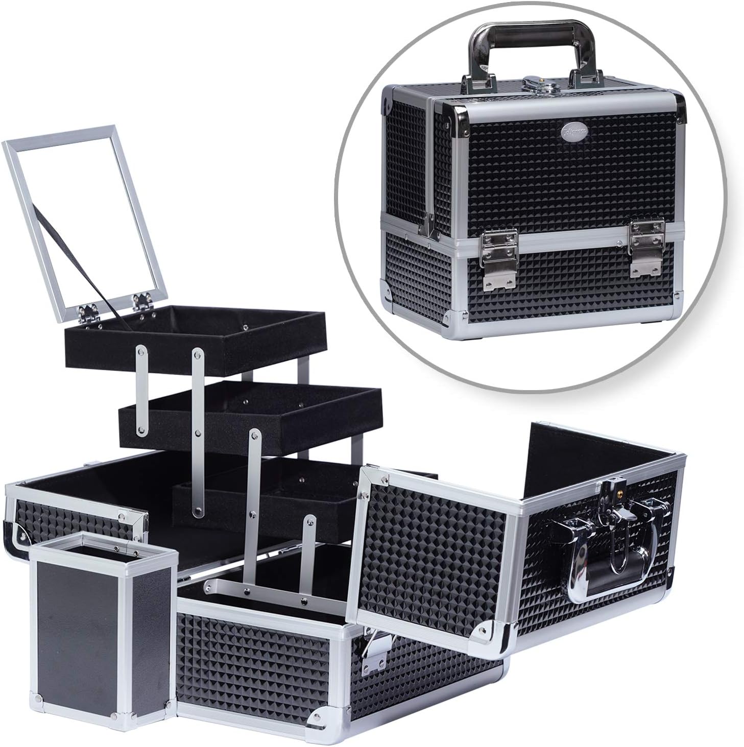 Joligrace Makeup Box Train Case Large Storage Capacity Portable Travel Cosmetic Organizer with Compartments and 2-Tier Trays with Mirror, Lockable with Keys - Black Pattern