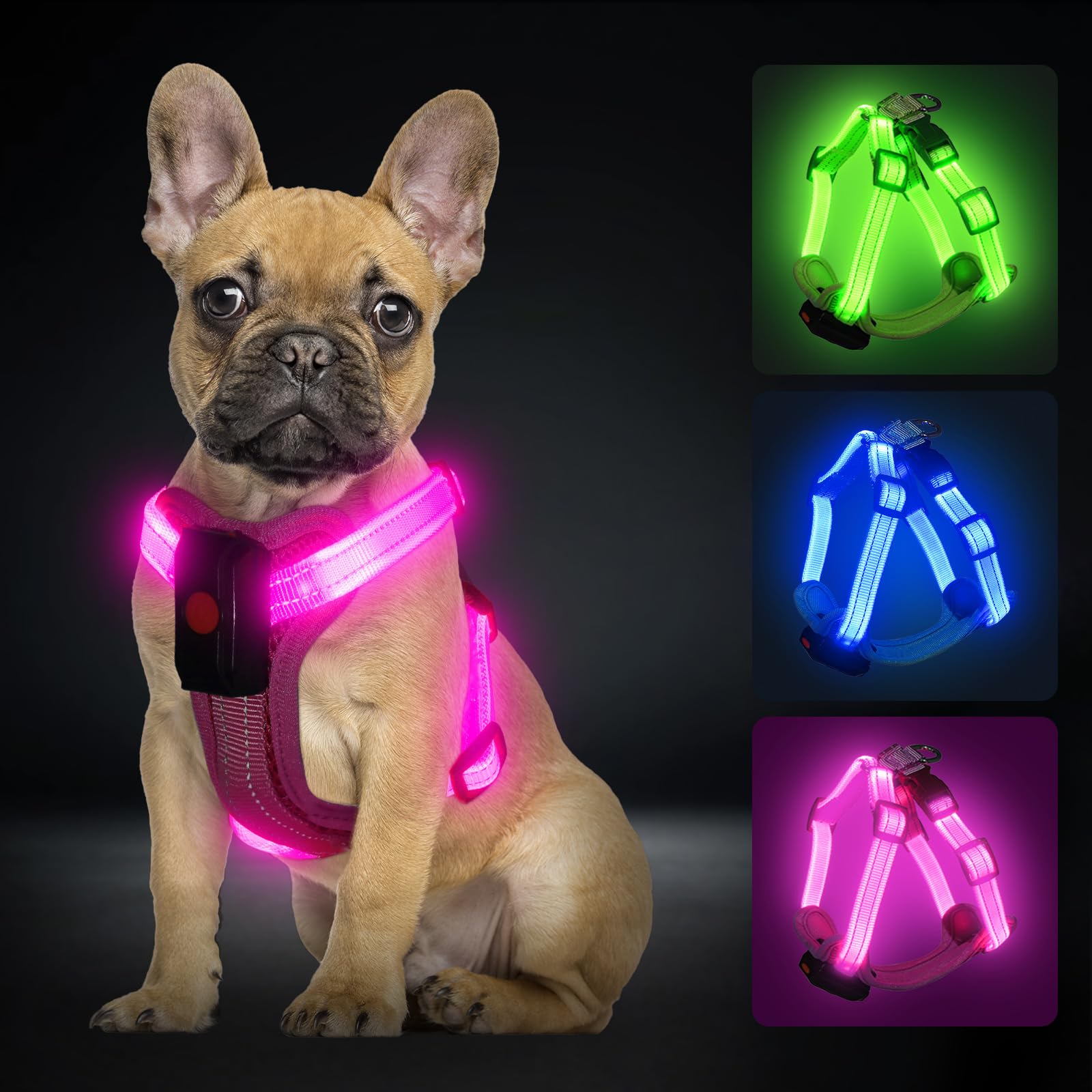 PZRLit Light Up Dog Harness for Small Dogs Rechargeable, LED Dog Vest Harness, Adjustable Illuminated Glow in Dark Dog Harness for Puppy Night Safety Walking 360° True Illumination-Pink