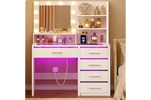 TEENFON Makeup Vanity with Glass Top, Makeup Desk with Mirror and Lights, 3 Colors LED & Power Outlet, Dressing Table with 5 