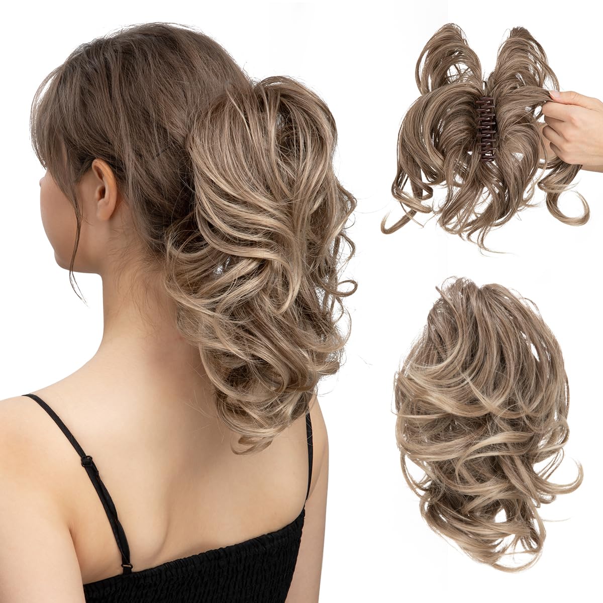 CJL HAIR Claw Clip Short Ponytail Hair Extensions DIY Bendable Metals Messy Bun Hair Piece for Wonen Wavy Curly Synthetic Fake Hairpieces Brown to Ash Blonde