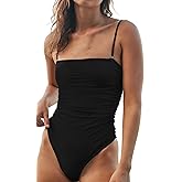 KRLAGAPAS Women's Sexy Ruched Bandeau One Piece Swimsuit Bathing Suit Slimming Swimwear, Super Cheeky Coverage, High Leg Cut