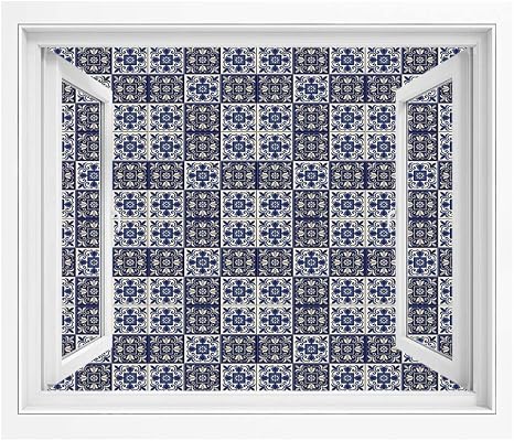Amazon モロッコ 壁紙風景画 壁飾り絵 90x60 Cm ポルトガルのアズレージョのオーナメントのアレンジメント花柄の葉装飾 壁紙 簡単壁紙シール 風景 景色ステッカネイビーブルーベージュ ウォールステッカー オンライン通販