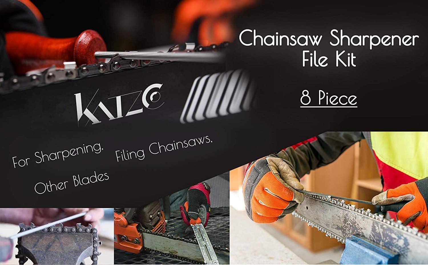 Katzco Chainsaw Sharpener File Kit - Contains 5/32, 3/16, and 7/32 Inch Files, Wood Handle, Depth Gauge, Filing Guide, and Tool Pouch - for Sharpening and Filing Chainsaws and Other Blades: Garden & Outdoor