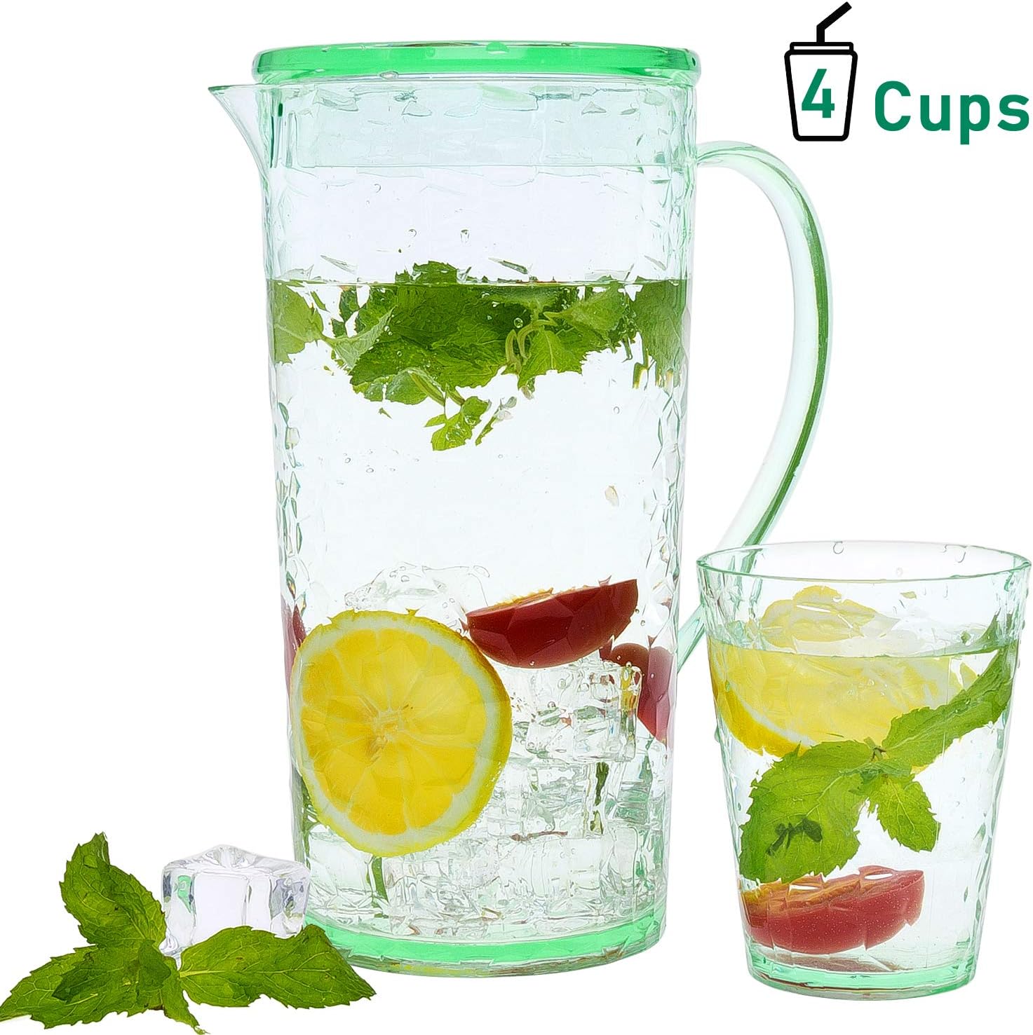 Water Jug with Lid, Ulinek Plastic Pitcher with 4 Cups 1.6L Light-duty Shatterproof Water Pitcher Beverage Jugs for Warm Cold Juice Tea, Milk and Coffee - Green