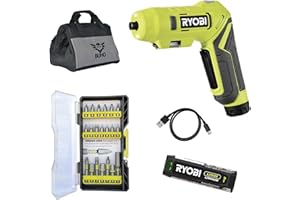 USB Lithium Screwdriver Bundle with Ryobi Cordless Screwdriver, USB Lithium 2.0 Ah 4-Volt Lithium-ion Rechargeable Battery, USB Charging Cable, Multipurpose Drill Bit Set and 16 Inch Buho Tool Bag