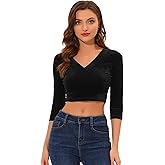 Allegra K Women's Velvet Tops 3/4 Sleeve V Neck Cropped Top Halloween Christmas Vintage Fall Blouse