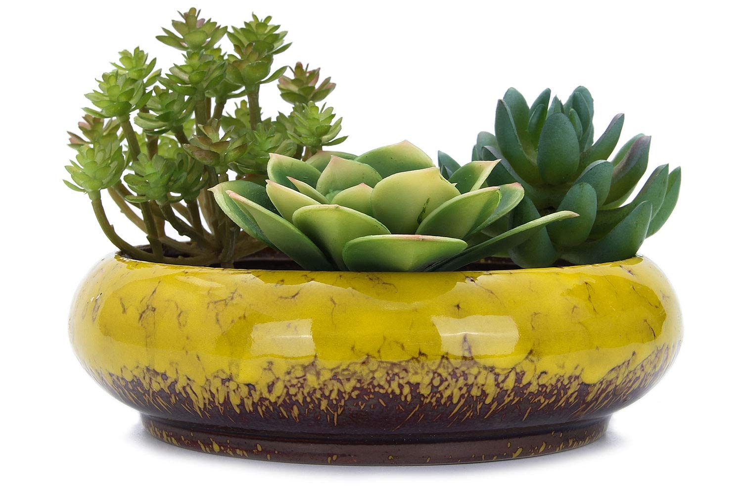 VanEnjoy 7.3 inch Round Large Shallow Succulent Ceramic Glazed Planter Pots with Drainage Hole, Bonsai Pots Garden Decorative Cactus Stand Flower Container (Yellow) — image 1