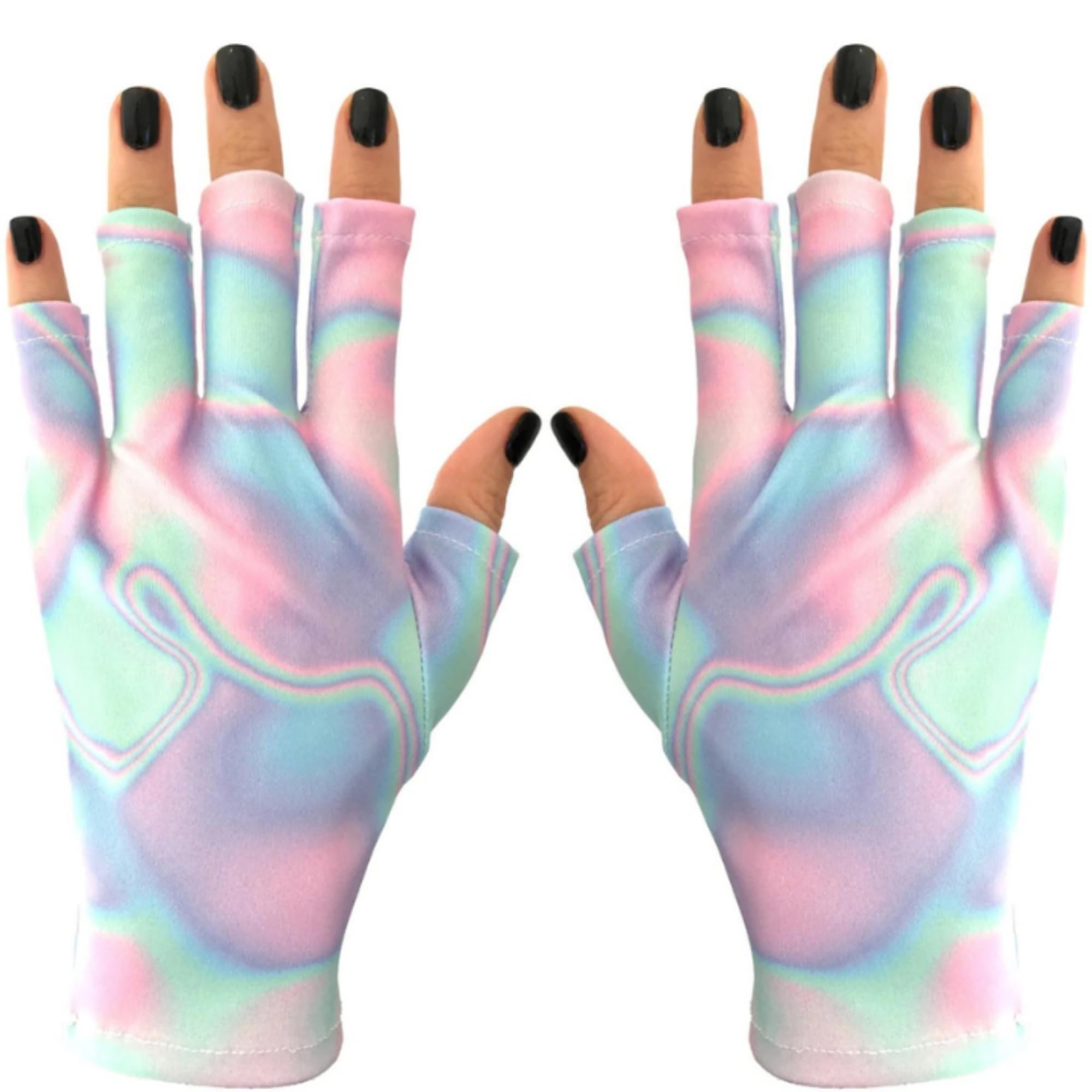 ManiGlovz - Anti UV Gloves for Gel Manicures with Lamp Dryers, Driving, Lounging and More, Fingerless That Shield Skin from the Sun or Nail Lamp, Gloves, Holographic Happiness Print, OneSize Fits All
