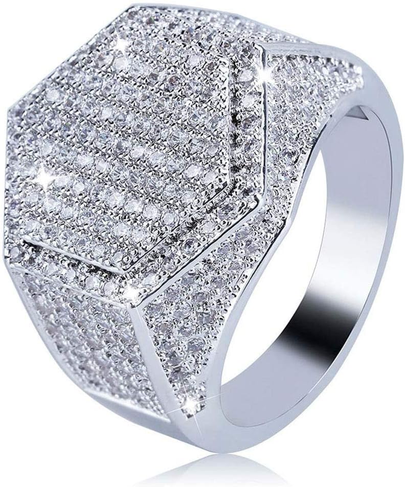 Anqeeso Mens Gold/Silver Plated Cluster Iced Out Simulated Diamond Bling Hip Hop Ring