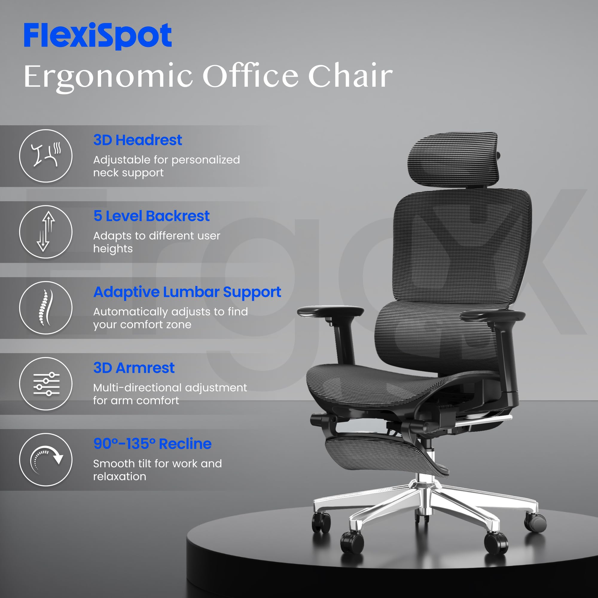 FLEXISPOT Ergonomischer Bürostuhl Schreibtischstuhl mit Fußstütze, 3D-Armlehnen, 3D-Kopfstütze, 5D-Rückenlehne, Atmungsaktiver Sitz Belastbar bis 136 kg Arbeitsstuhl, ErgoX, Dunkelgrau 3