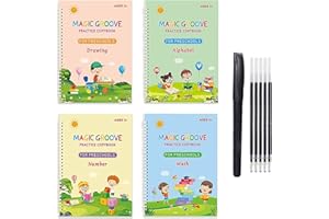 SDASD 4PCS Groovd Magic Copybook, Children's Magic Copybooks, Magical Tracing Workbook Set, Children Magic Reusable Practice Copybook, Grooved Handwriting Book Practice for Kids