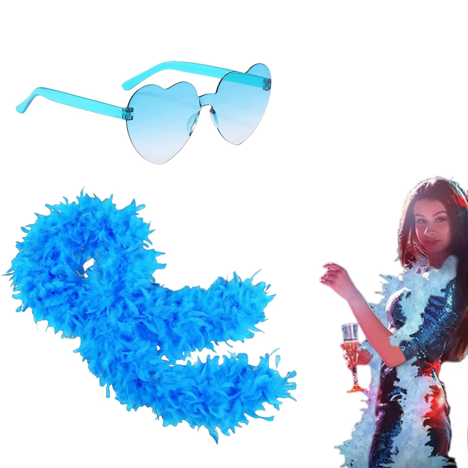CocCCoon Blue Feather Boa And Blue Sunglasses Feather Boa Natural Feathers Feather Boas Multipack for Women Girls Wedding Bachelor Halloween Christmas Party Heart Shaped Sunglasses
