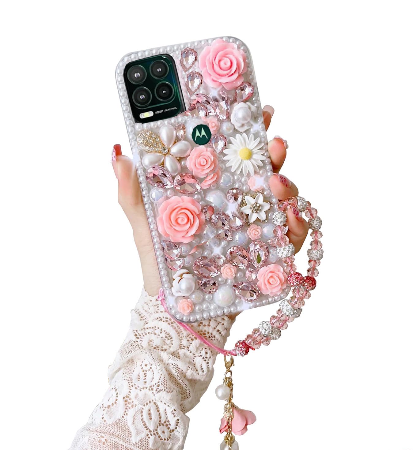 SupShop for Moto G Stylus 2021 5G (Not fit 4G) Bling Case Luxury Cute Diamond Glitter Crystal Rhinestone 3D Rose Flowers Pearl Handmade Phone Cover for Women Girls with Wrist Strap,Pink
