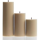 LAWA Roman Handmade Tall Ribbed Pillar Candle - Beautiful Scented Soy Wax Dinner Candle | Classic Aesthetic Decoration Set | Housewarming Gift | Home Room Shelf Decor Idea - Sandstone (Set of 3)