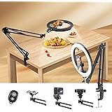 yAyusi Overhead Phone Mount with Ring Light, 10" LED Ring Light Phone Holder for Desk, Flexible Articulating Arm Overhead Camera Mount with Remote for Video Recording, Live Streaming, Cooking
