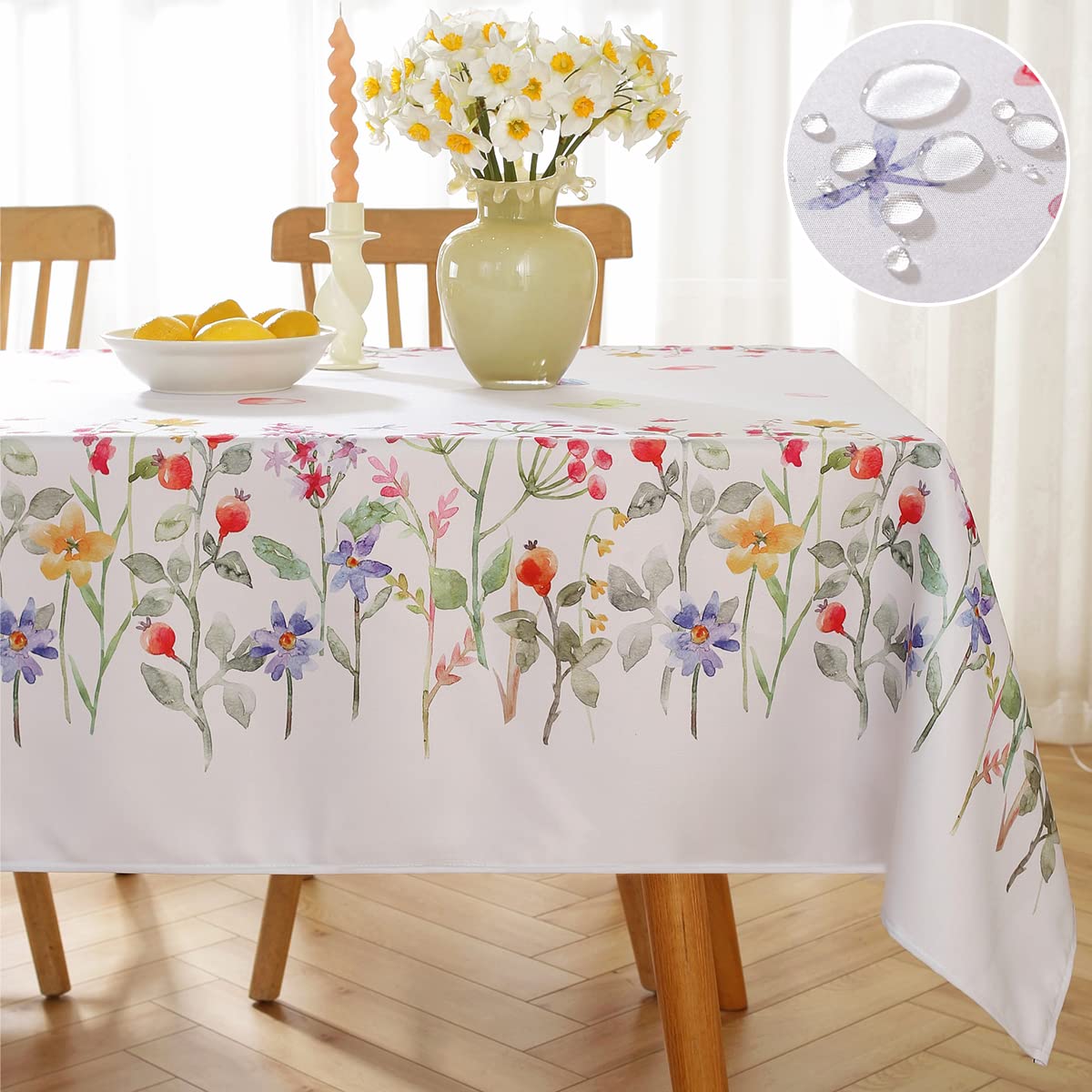 SASTYBALE Spring Floral Tablecloth Rectangle Tables，Stain Resistant Table Cover Printed w/Colorful Pastel Blooms，Fabric Cloth Easter/Spring/Picnic (Rectangle，60'' x 120'')，Flowers w/Red Fruits