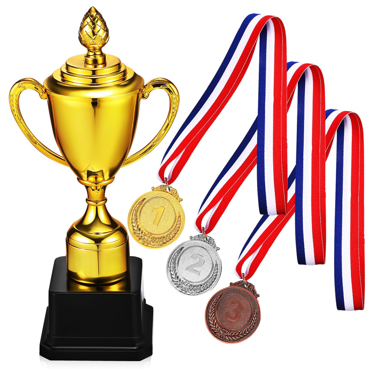 CLISPEED Trophy Cup with 3 Medals, 9" Mini Plastic Award Trophies for Kids & Adults - Gold Winner Prize Cups for Football Basketball Rugby Sports Party School Rewards