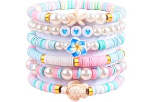 CZWZ 6PCS Clay Bead Bracelets for Women Preppy Cute Bracelets Jewelry Set Colorful Evil Eye Polymer Pearl Beaded Stretch Bracelets Jewelry for Women…