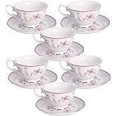 fanquare Pink Rose Tea Cup and Saucer Set for 6, British Vintage Afternoon Cup Set, Porcelain Coffee Cup with Gold Border, 5 oz