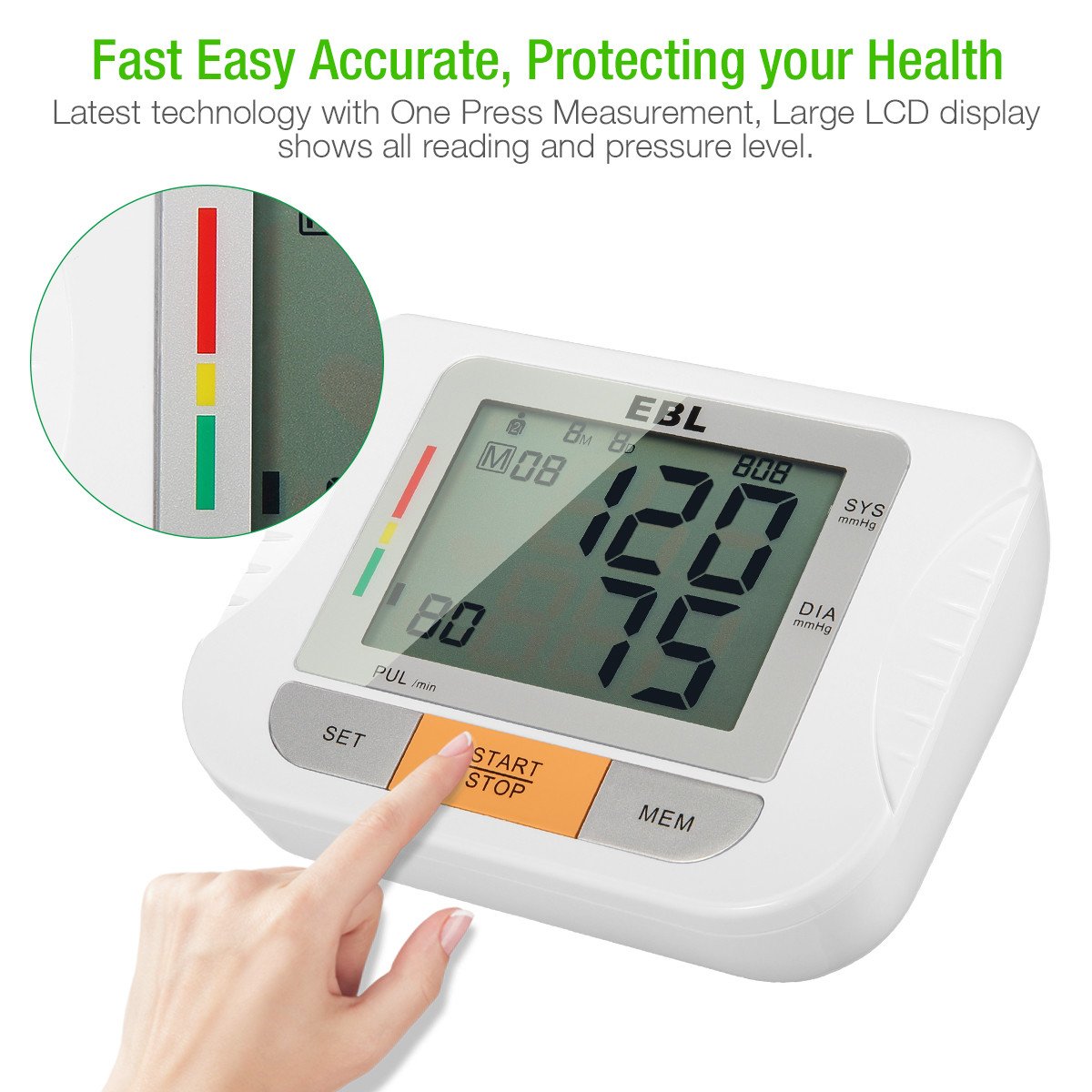 EBL Blood Pressure Monitor for Professionals and Home Users, Upper Arm Blood Pressure Monitor with Large LCD Display, Heartbeat Detector Memory Store Last 180 Readings