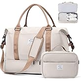 Weekender Bags for Women, Travel Duffel Bags with Shoe Compartment,Personal Item Travel Bag for Airlines, Carry on Overnight Tote Bag for Women with Toiletry Bag,Beige&Brown