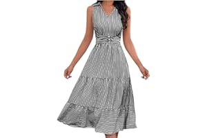 NaRHbrg Women Summer Dress Striped Sleeveless V Neck Lapel Sundress Ruffle A Line Midi Dress Casual Beachwear T-Shirt Dresses
