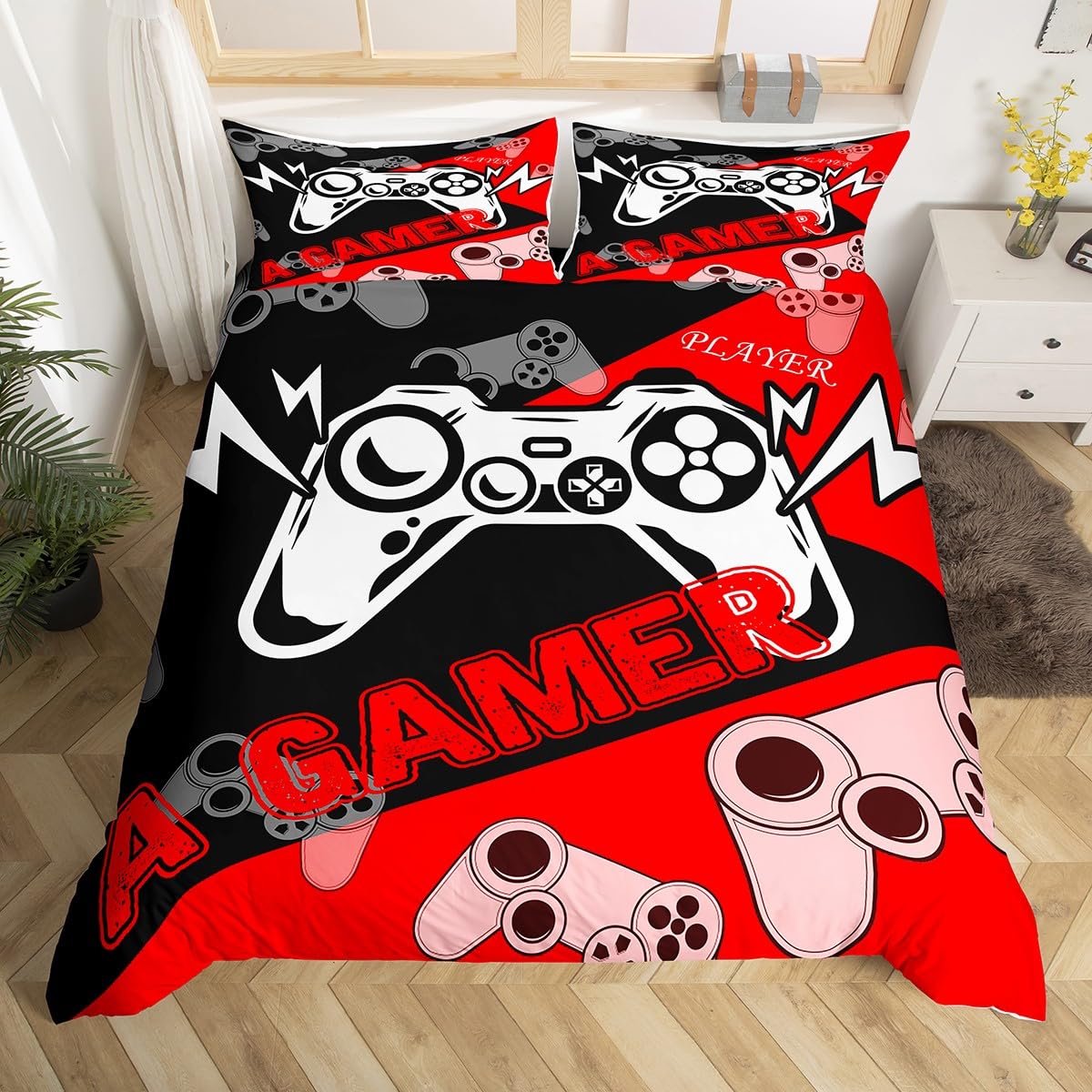 Homewish Gamer Duvet Cover For Boys&girls Double,Gaming Bedding Set Kids Teens Youth Room Decor Video Game Comforter Cover,Reversible Red Black Gamepad Quilt Aesthetic Bed 2 Pillow Cases, Multi 17 — image 1