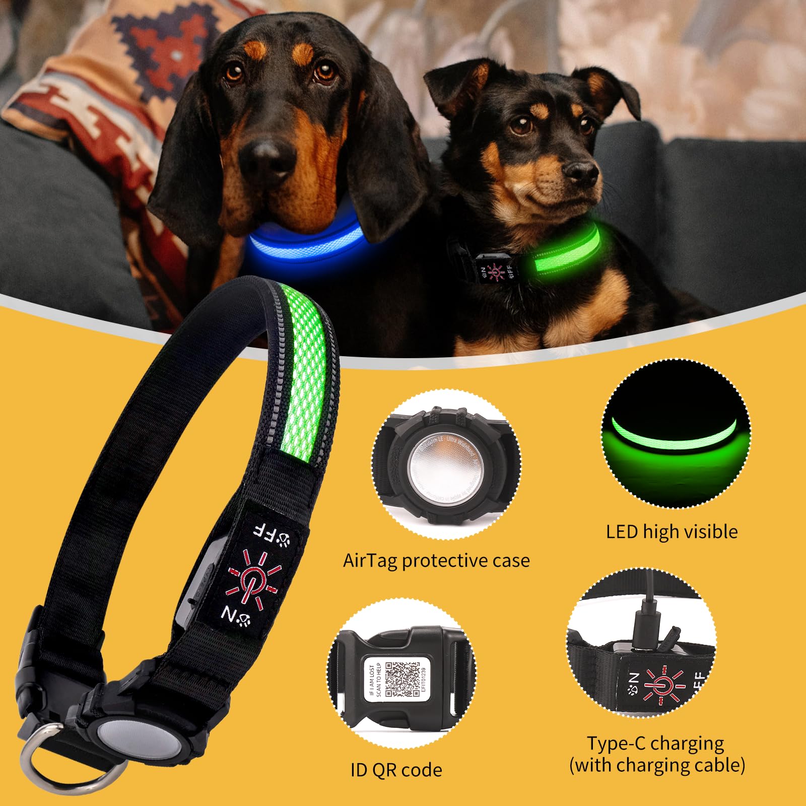 AirTag Dog Collar with QR Code & LED Light, IP68 Waterproof Rechargeable Pet Collar with Reflective Strips, Durable Airtag Holder for Medium/Large Dogs (Green, L(20-24 in))