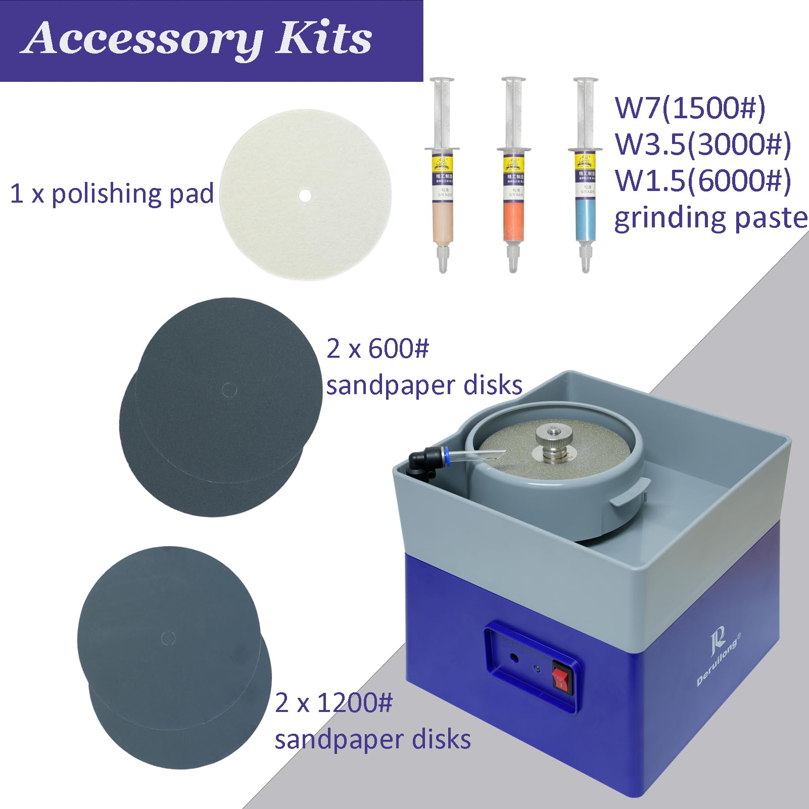 Deruilong 4” Flat Grinding Machine - Grinding Equipment - Shaping and Polishing Tools, Mineral Rock Polishing Machines, Grinding Machines, Includes Rock Mineral Polishing Machine Accessory Kit