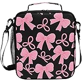 Pink Bow Lunch Box for Women Insulated Lunch Bag with Shoulder Strap Reusable Bow Girls Lunchbox Cooler Tote Pink Bow Black Lunch Bag for Office Work School Picnic