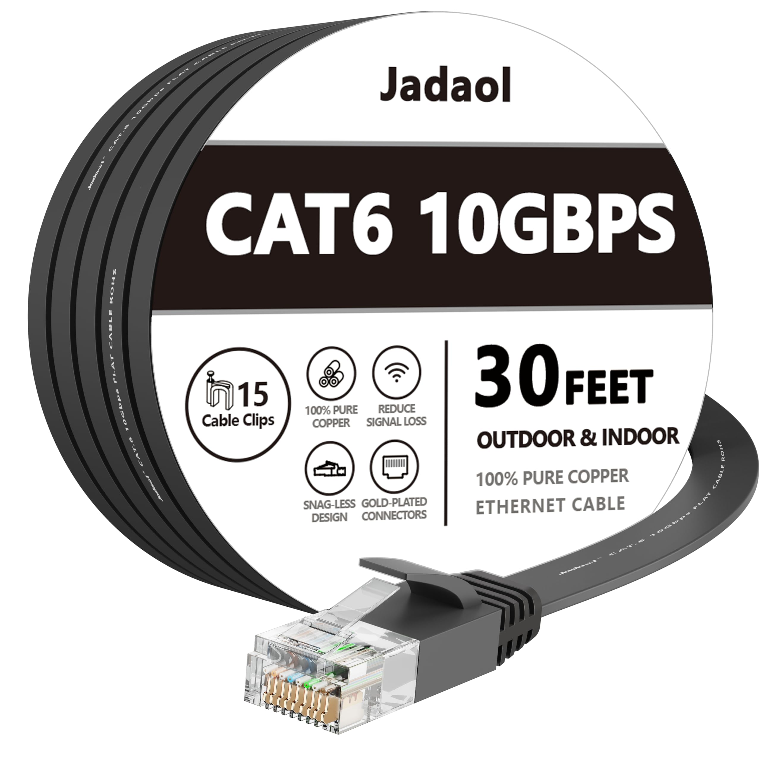 Photo 1 of Jadaol Cat 6 Ethernet Cable 30 ft, Outdoor & Indoor 10Gbps Support Cat8 Cat7 Network, Flat RJ45 Internet LAN Computer Patch Cable for Router, Modem, Switch, Gaming Consoles, Streaming Devices, Black