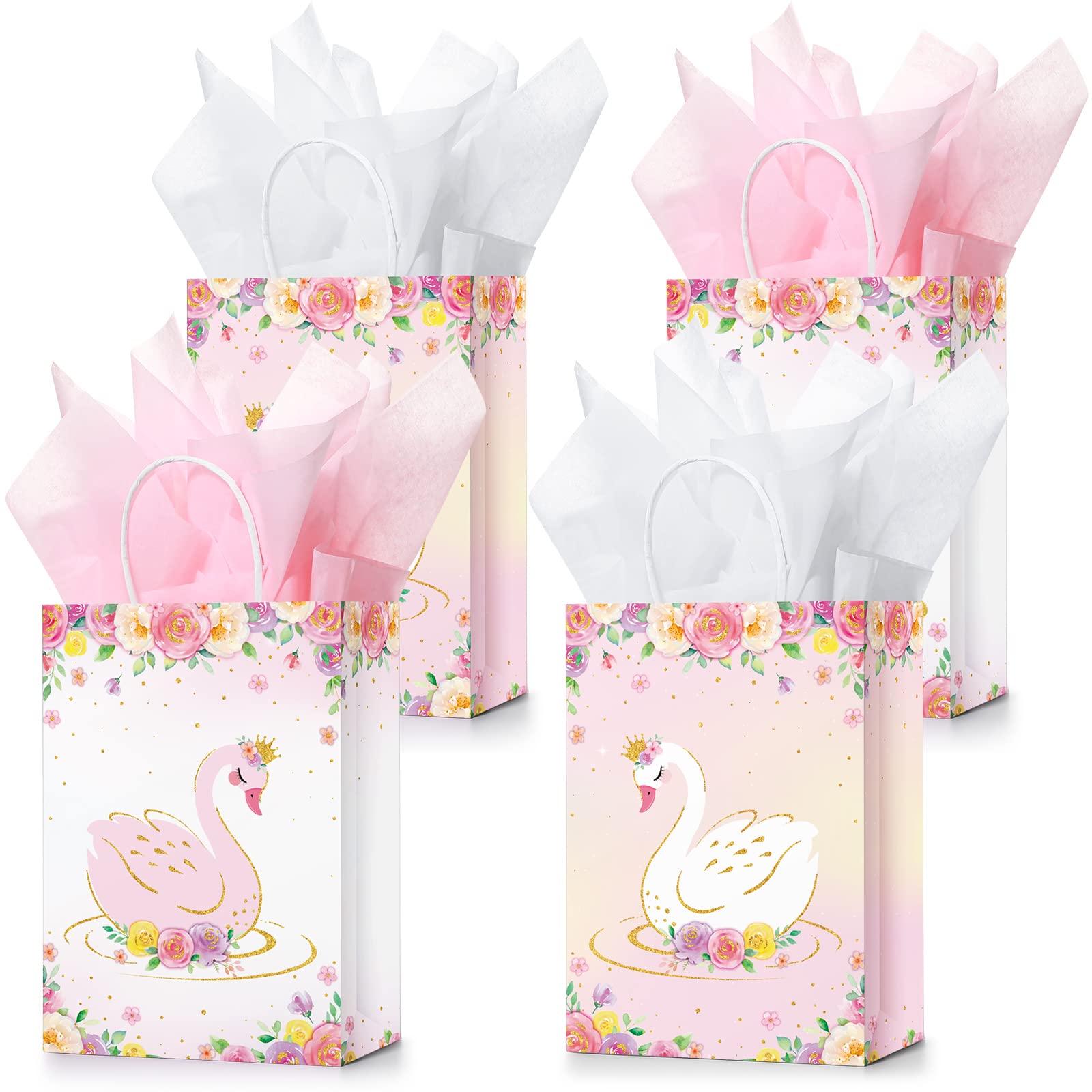 Nezyo 16 Set Swan Themed Party Gift Bags Girls Birthday Party Candy Goodie with Tissue Paper Pink and White for Baby Shower Weddings Holiday Decoration