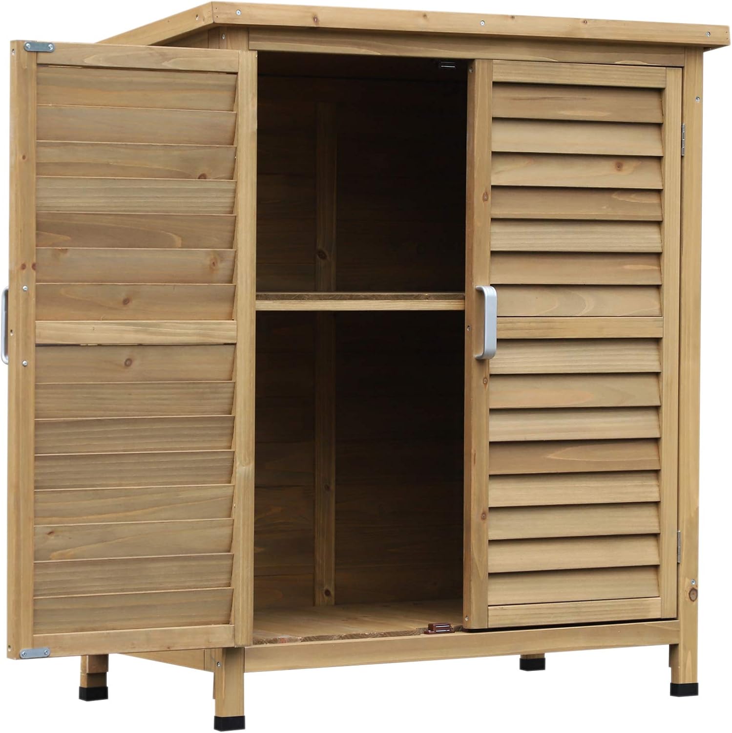 Outsunny Holz Gartenschrank Geratehaus Gartenhaus Gerateschuppen Gerateschrank Holzhutte Pultdach Bitumenpappe Fensterladen Natur 87 X 46 5 X 96 5 Cm Amazon De Garten