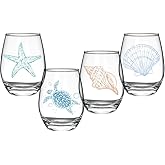 Ocean Themed Stemless Wine Glasses, Set of 4 Seashore Glassware - Sea Turtle, Starfish, Seashell, Conch Shell Assortment, Wine Gifts for Coastal Beach Lovers, Birthday Gifts for Women Mothers Day
