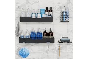 Hoenart Large Shower Caddy, 4 Pack Adhesive Shower Caddy Shelf, Bathroom Shower Organizer, Shower Shelves for Inside Shower, Drill-Free, Quick-Dry, Rustproof Stainless Steel Shower Storage (Black)