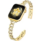 G-ficu Slim Metal Band Compatible with Apple Watch Bands for Women 41mm 40mm 38mm iWatch Bands 42mm Series 10, Thin Dressy Cute Fancy Strap for Apple Watch Band Series 10 9 8 SE 7 6 5 4 3-Gold