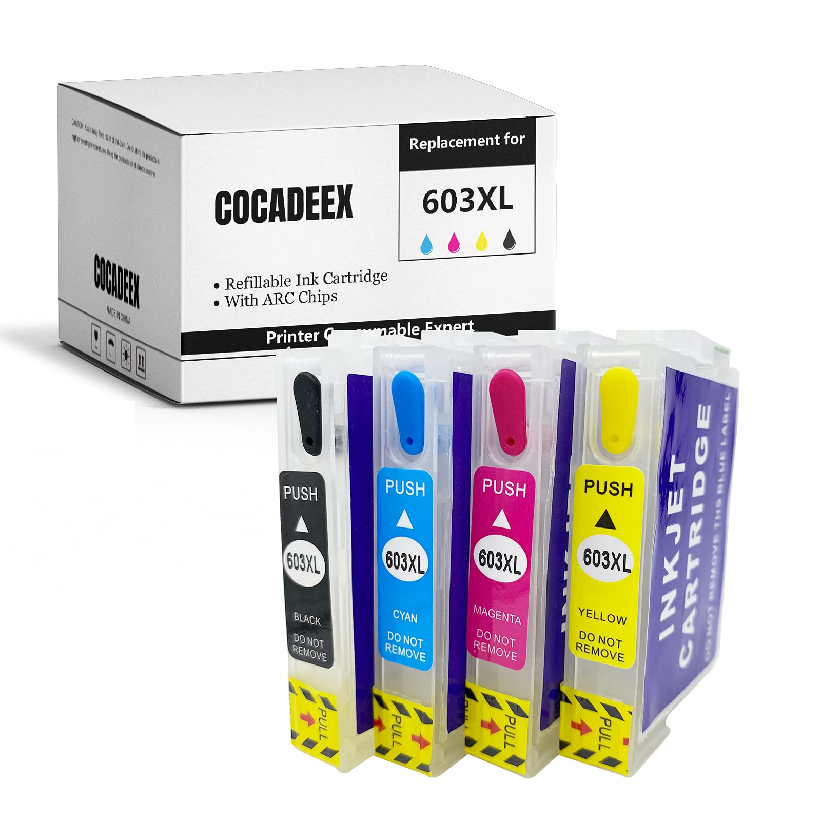 COCADEEX Empty Refillable Ink Cartridge Replacement for 603 or 603XL Ink,for XP-4150 XP-4155 XP-3100 XP-4100 XP-2100 XP-2105 XP-3105 XP-3150 XP-3155 XP-4105 WF-2810 WF-2830 WF-2835 WF-2850 Printer