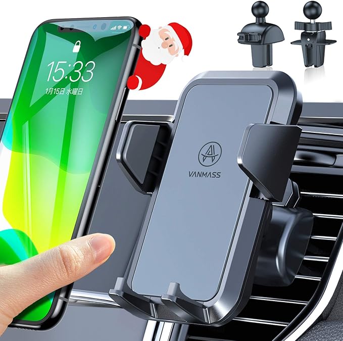 Amazon Co Jp 全面再進化版 業界独2つクリップ付き Vanmass 車載ホルダー 最大面積シリコンゴム付き 片手操作 厚いケース対応 スマホホルダー スマホスタンド 車 携帯ホルダー エアコン 吹き出し口用 ワンタッチ 雑音無し 片手着脱 360度回転 安定性抜群