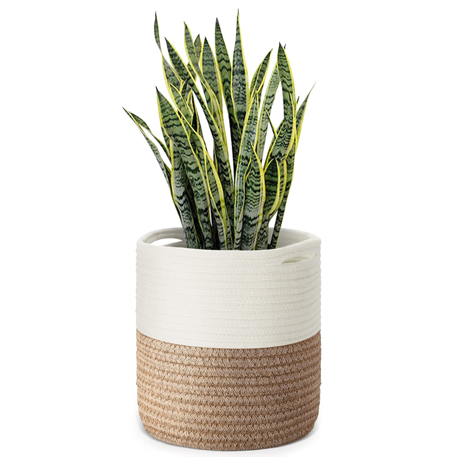 Flexzion Plant Basket for Indoor Plants - 11" x 11" Decorative Woven Basket Cotton Rope Planter Round Storage Bin with Handles for Blankets Toys Laundry, Boho Home Decor Living Room Bedroom Nursery