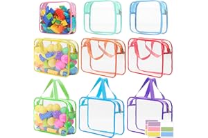 CLBUTGE 9 Pcs Toy Storage Bags, Clear PVC Toy Organizer Bag Include 6Pcs Large Handheld and 3Pcs Medium Zipper Bags with Labels for Organizing Board Game, Building Blocks (Colorful)