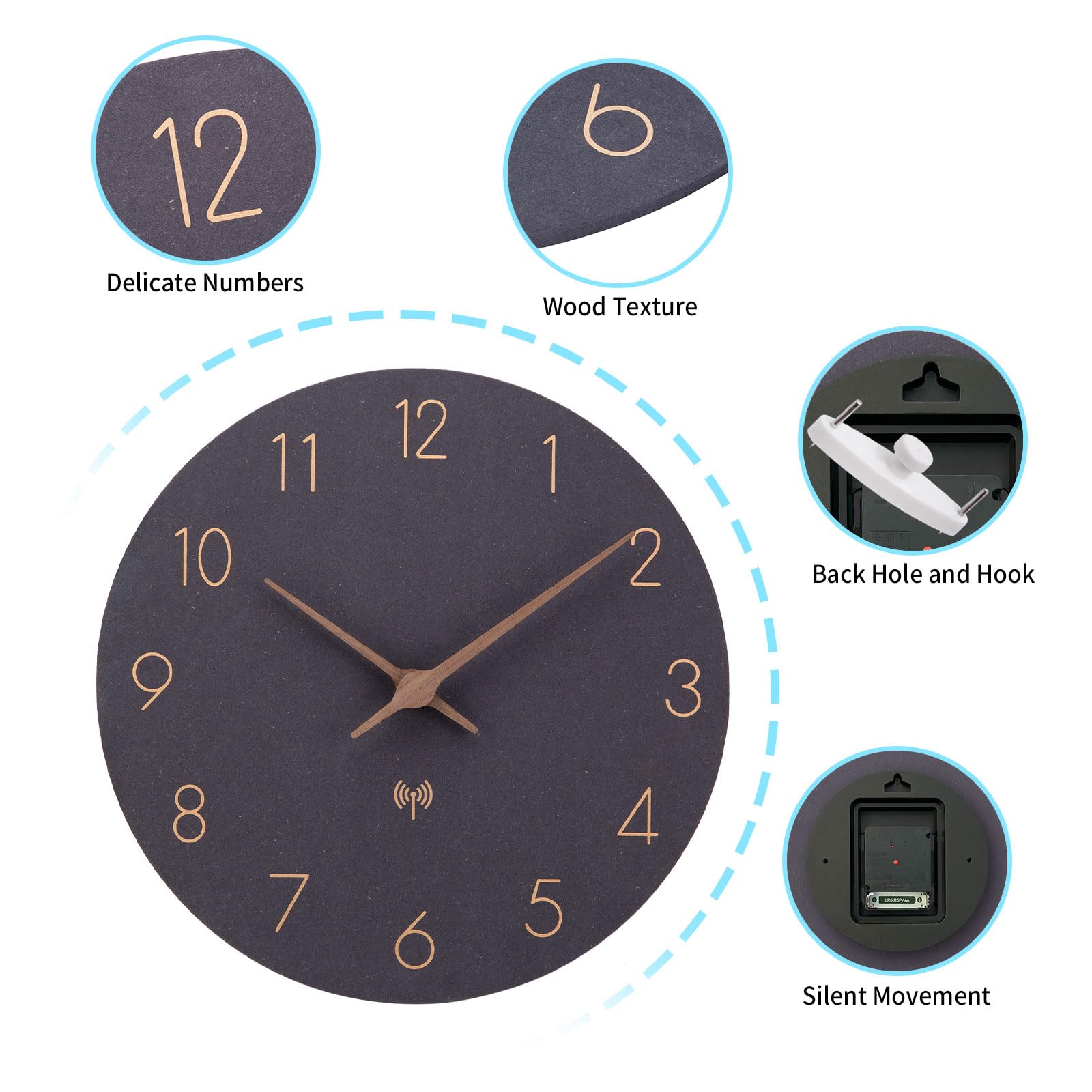 ACCSHINE MDF Holz Funkuhr Wanduhr Ohne TickgeräUsche Lautlos 30cm Quarz Batterie Groß Wanduhren Einfach zu Lesen für Zimmer Zuhause KüChe Schlafzimmer Büro Schule (Schwarz) 4