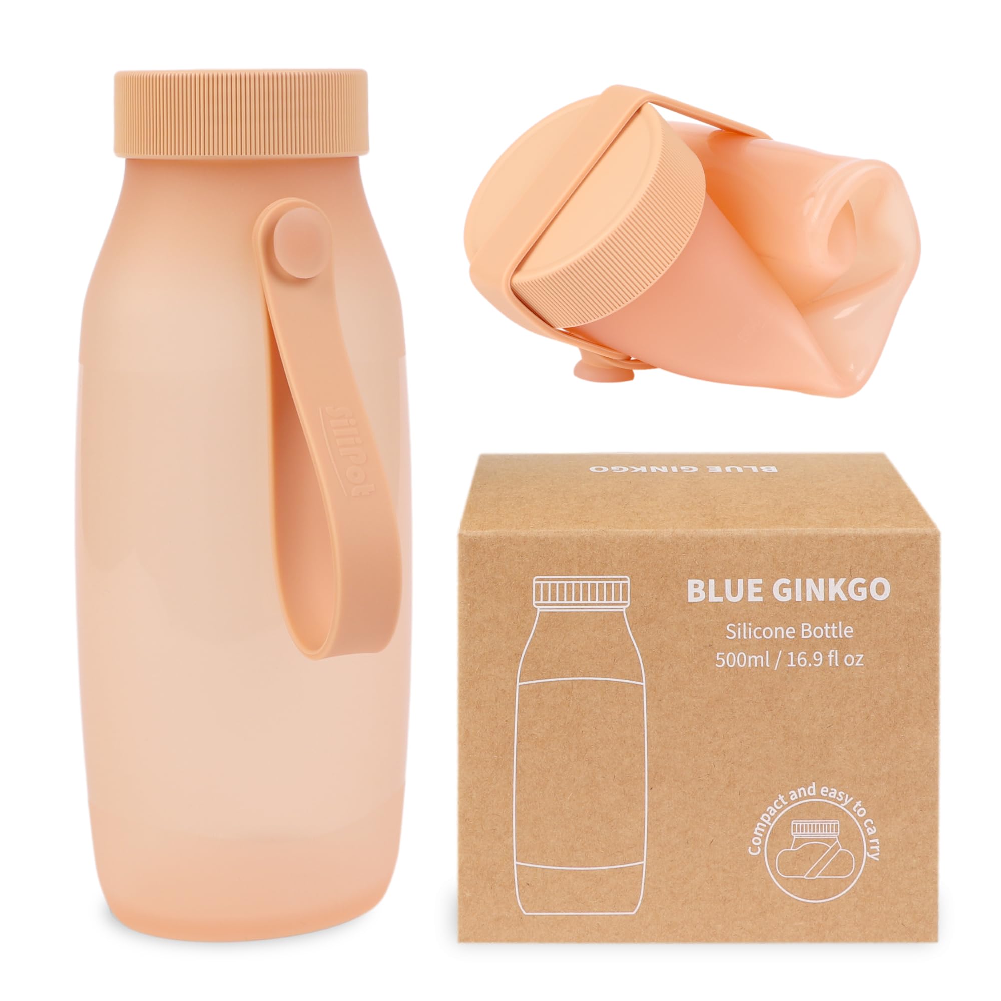 BLUE GINKGO Collapsible Water Bottle – Lightweight, Foldable Silicone Bottle for Travel, Hiking, and Camping (500ml, Made in Korea, Peach)
